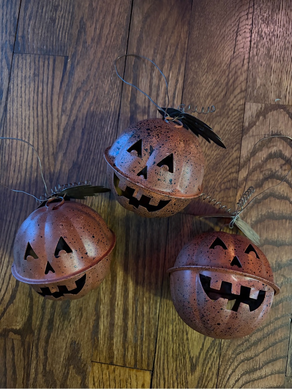 Rustic Pumpkin Metal Jack-O-Lantern Jingle Bell Hanging Decor Set of 3